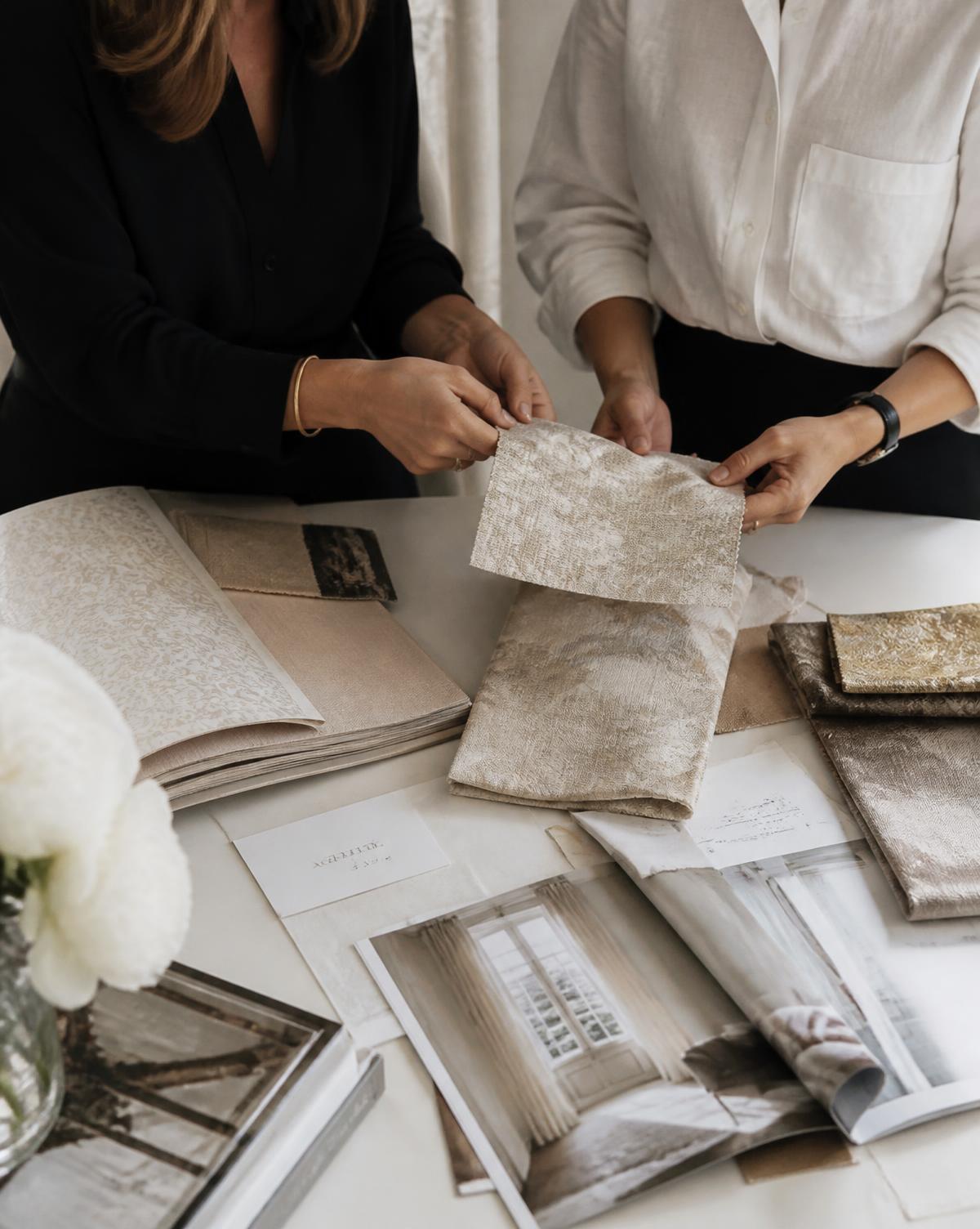 Designer consultation over fabric swatches and mood boards