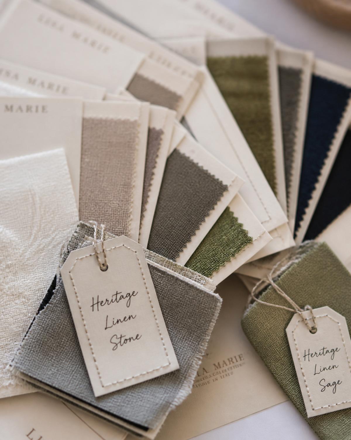 Fabric swatch cards with hand-written tags