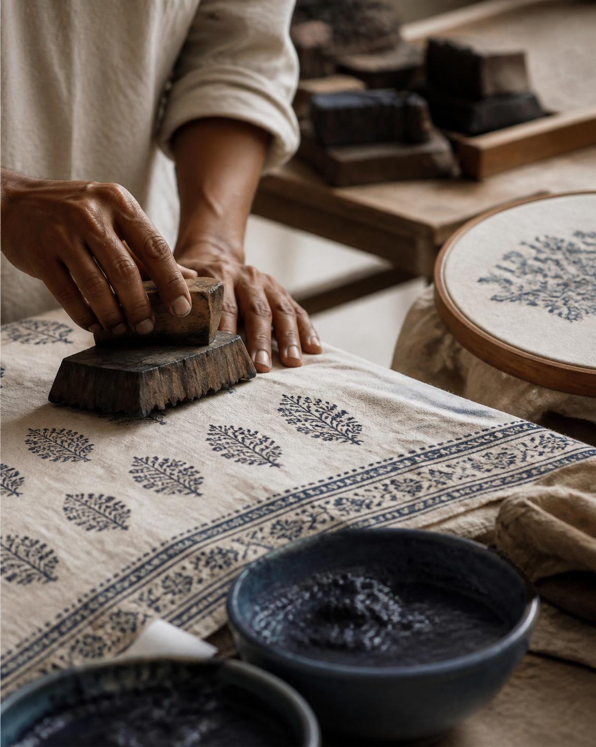 Artisan hand-block printing fabric with natural dye