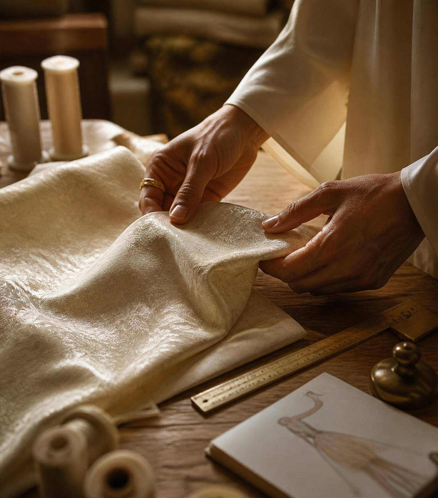 Hands examining premium ivory silk fabric on a wooden atelier table