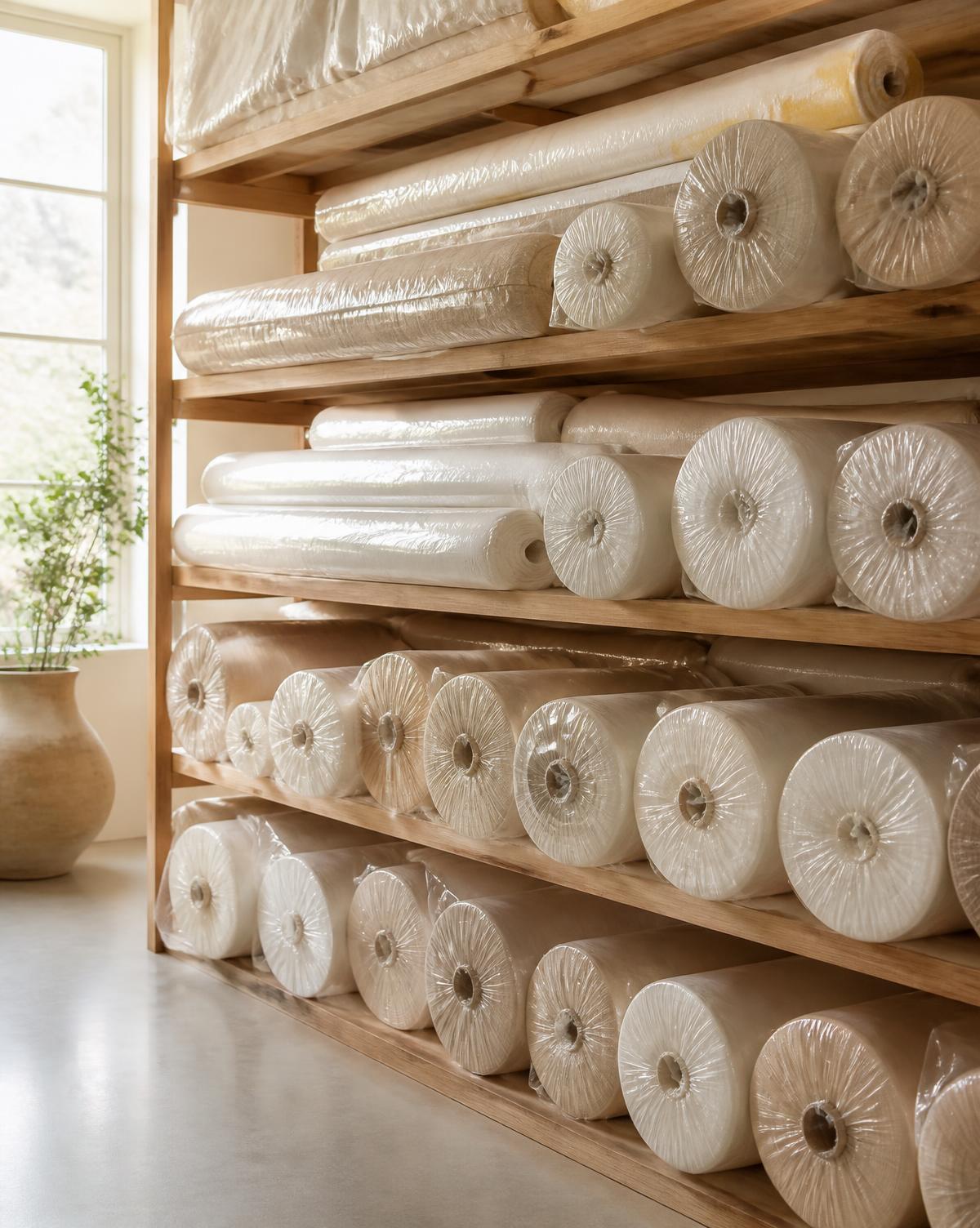Rolls of premium fabric wrapped and stacked ready for dispatch