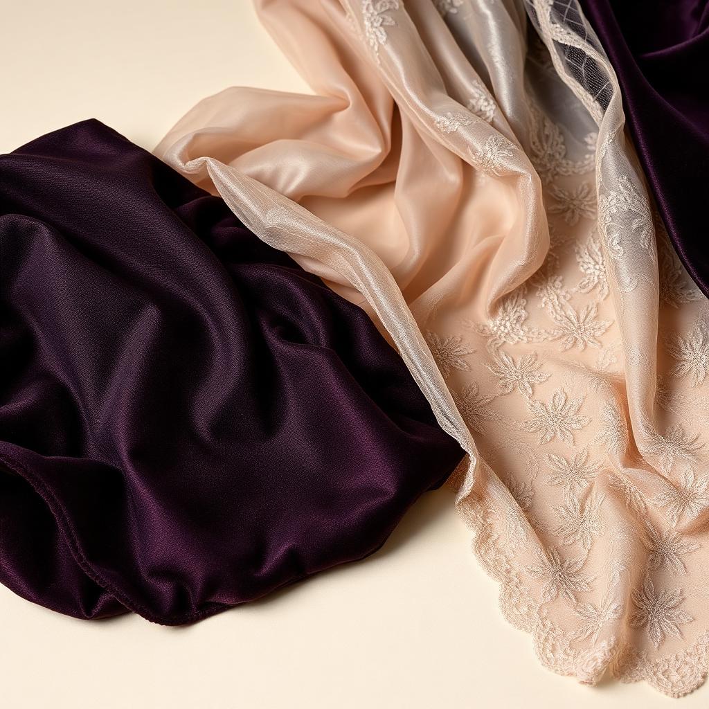 Draped designer fabrics — velvet, tissue and lace