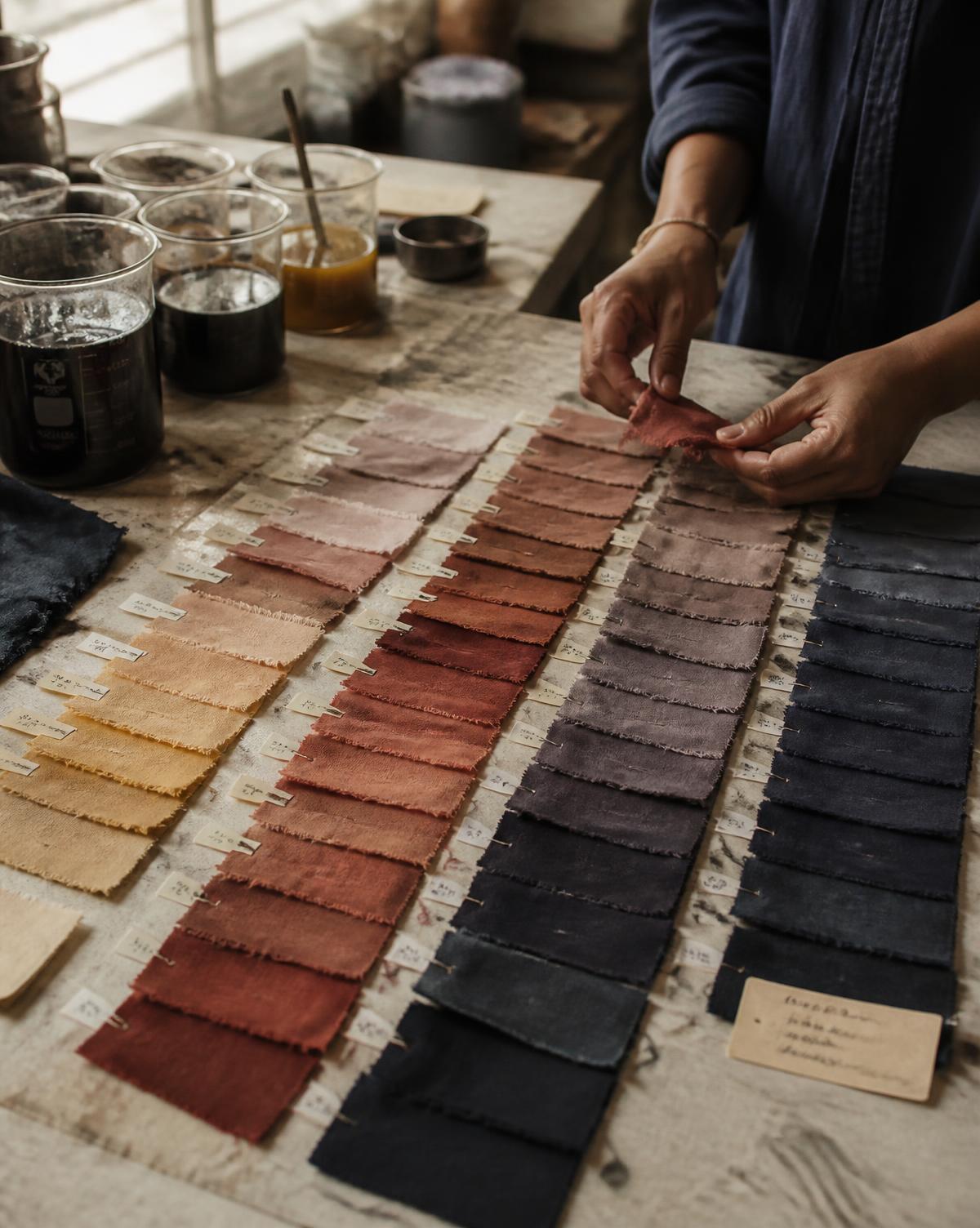Graded lab dip fabric swatches laid out for shade matching in a dye house