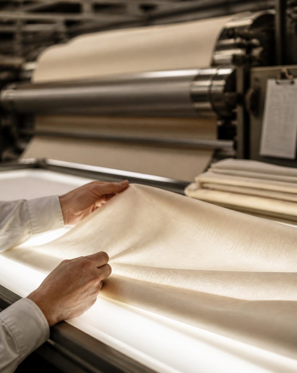 Quality inspection of finished cream fabric on a backlit inspection table