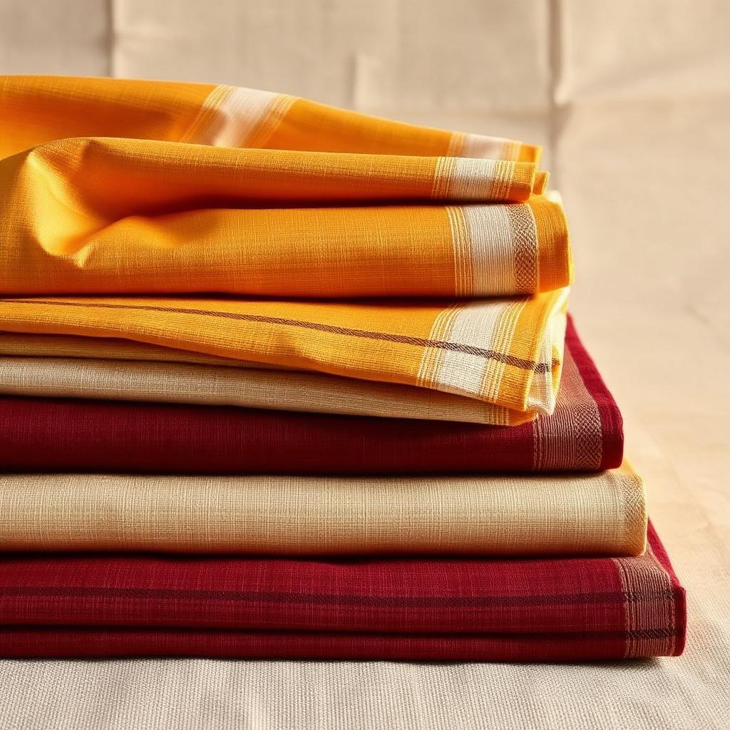 Folded stack of Indian handloom weaves in gold, ivory and maroon