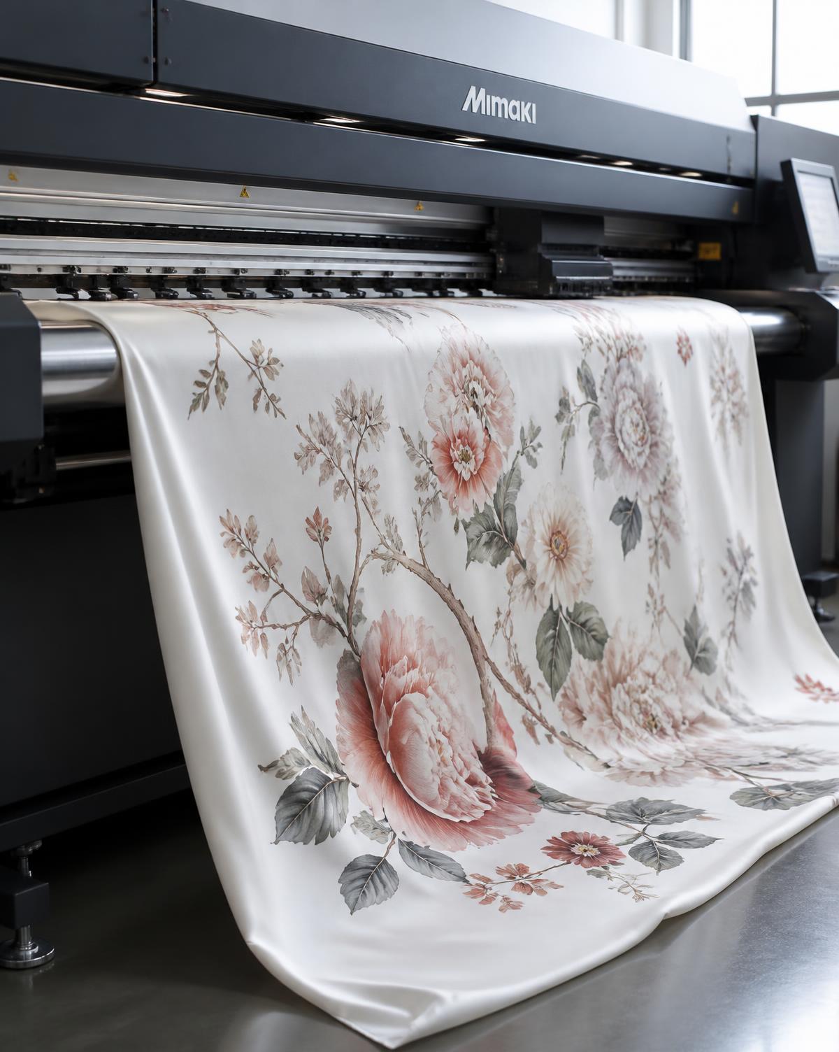 A wide-format digital textile printer printing a floral design onto white silk
