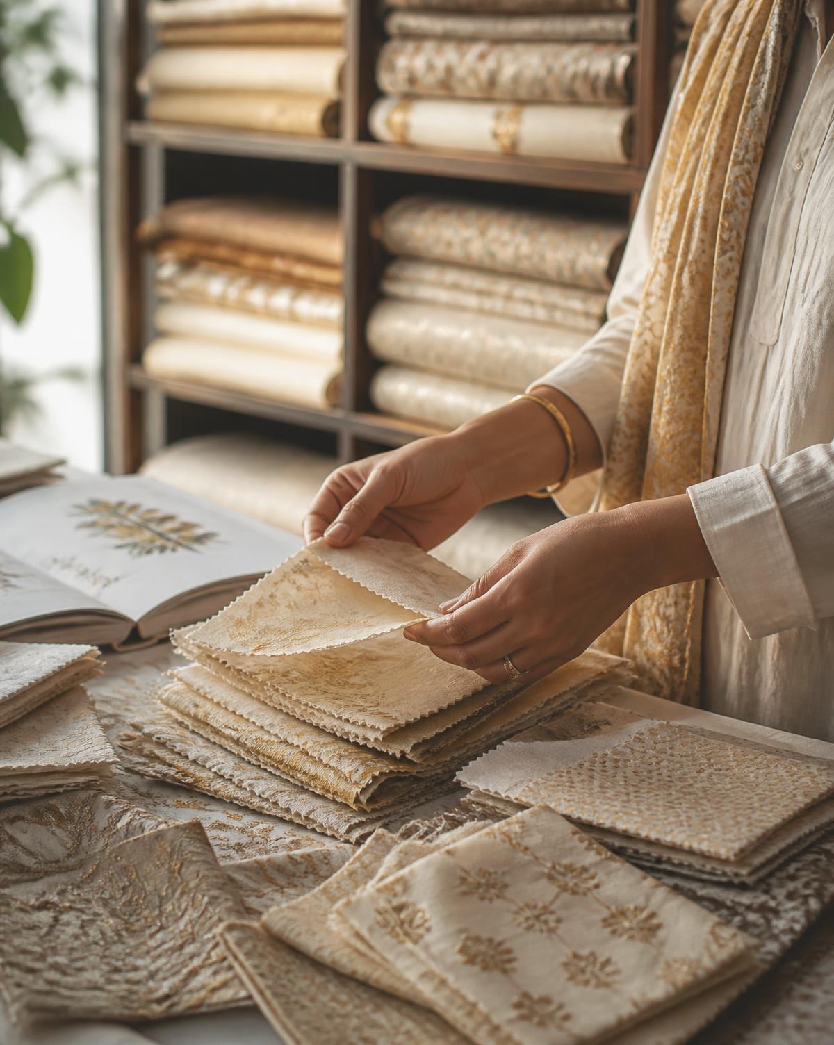 A textile designer selecting swatches from a curated fabric library